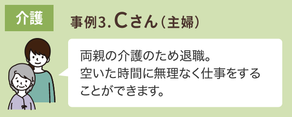 事例3.Cさん（主婦）| 両親の介護のため退職。空いた時間に無理なく仕事をすることができます。