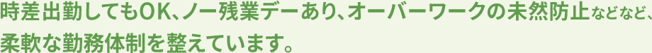 時差出勤してもOK、ノー残業デーもあり、オーバーワークの未然防止など、柔軟な勤務体制を整えています。